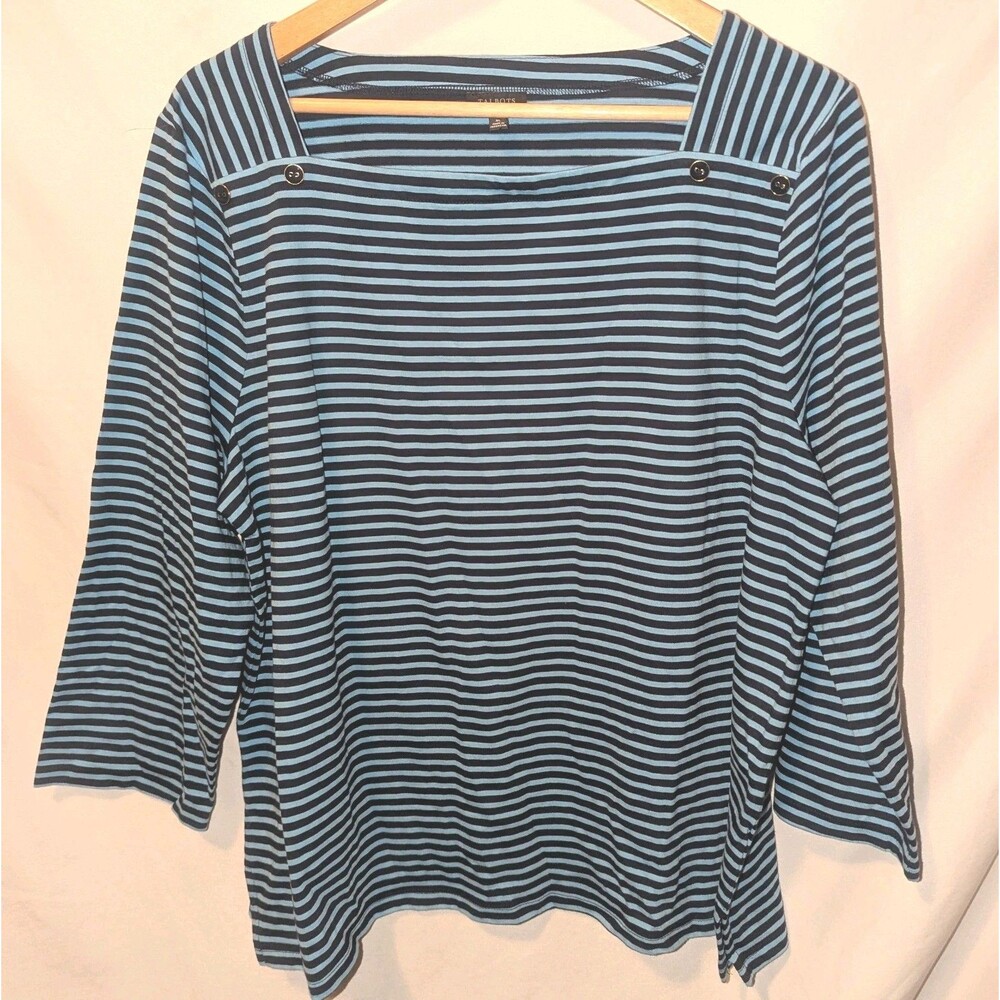 Talbots 100% Cotton Blue Striped Square Neck 3/4 Sleeve Shirt Top Size XL